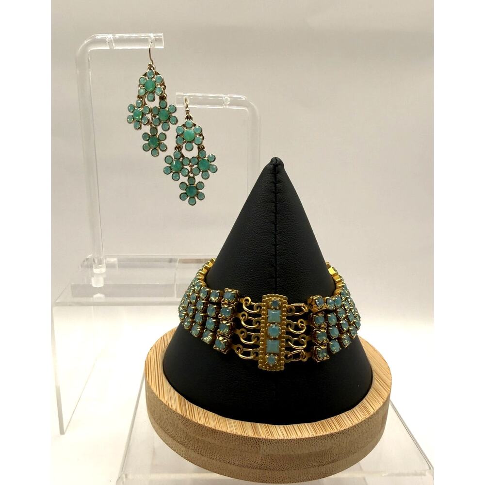 Vintage Multi-Strand Gold Tone & Turquoise Rhinestone Bracelet & Earring Set